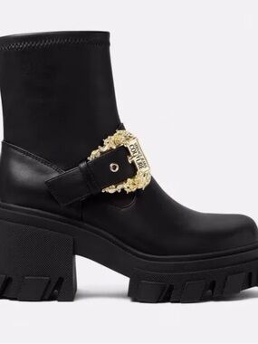 Versace Jeans Collection Black Leather Platform Lug-Boot with Gold Emblem